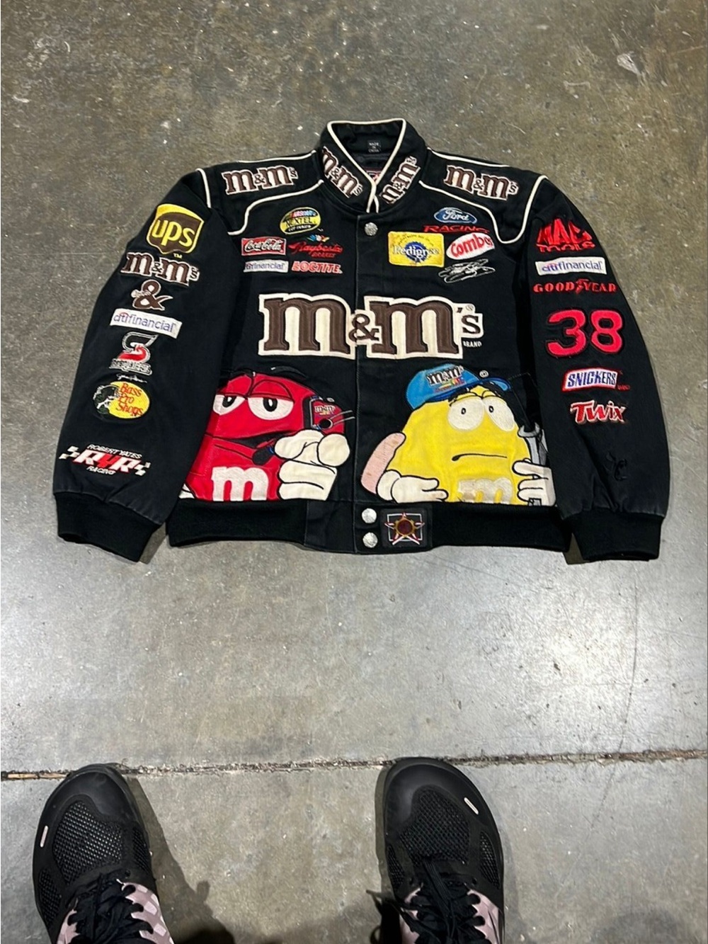M&M's Black Kids Racing Patch Bomber Jacket with Character Embroidery